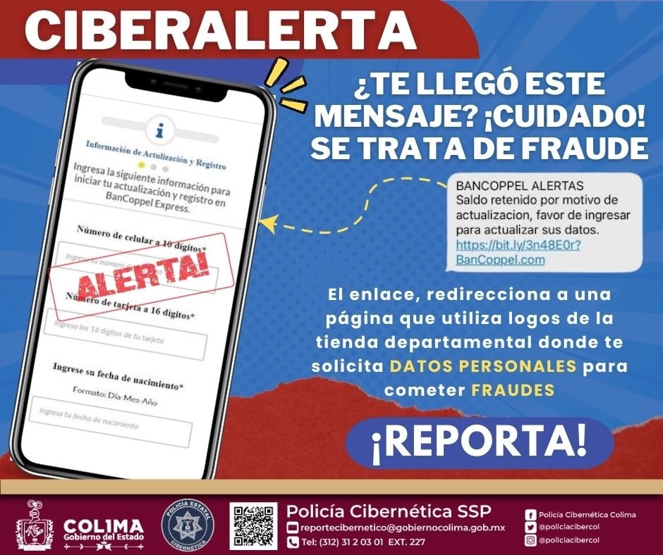 Policía Cibernética de Colima alerta sobre mensaje de supuesto saldo retenido; refiere que se busca robar información | AFmedios .