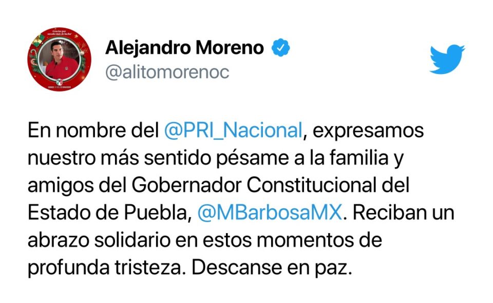 Expresa Alejandro Moreno pésame del PRI por el fallecimiento del gobernador del Puebla