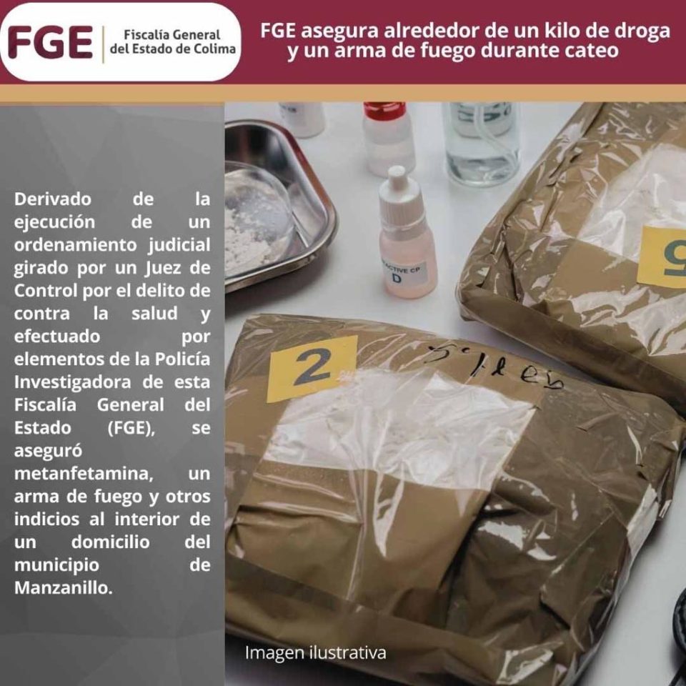 FGE asegura alrededor de un kilo de droga y un arma de fuego durante cateo